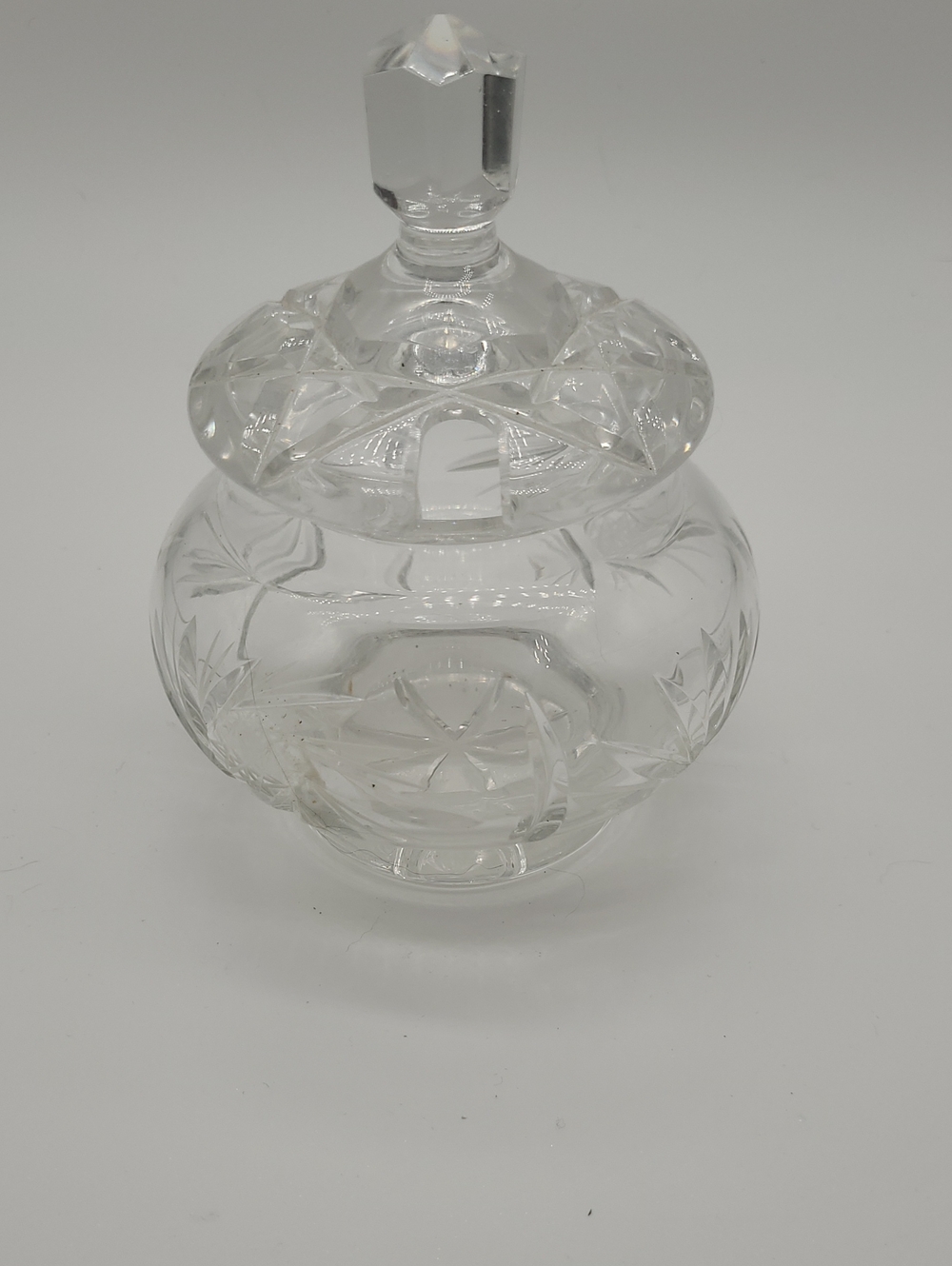 Vintage Cut Glass Condiment Jam Pot Sugar Bowl Lid Clear Starburst Diamond Patte